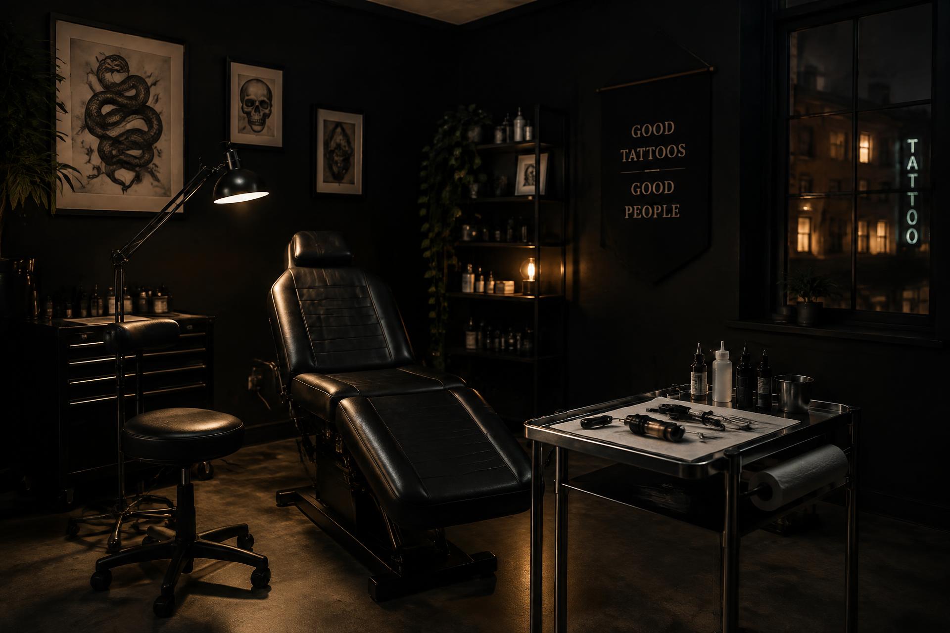 Ambiente de estudio de tatuaje: camilla y material profesional
